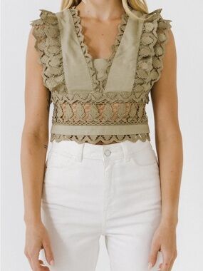 Endless Rose Olive Crochet-Trim Cropped V-Neck Top